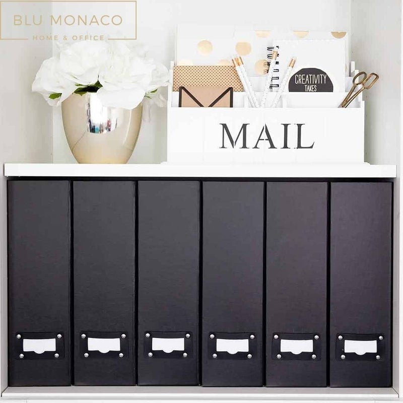 BLU MONACO Foldable Black Magazine File Holder â€“ Set of 6 | Cardboard Desk File Organizer Boxes with Leather Label Holders | Vertical Magazine Storage for Office, Classroom & Home - Image 4